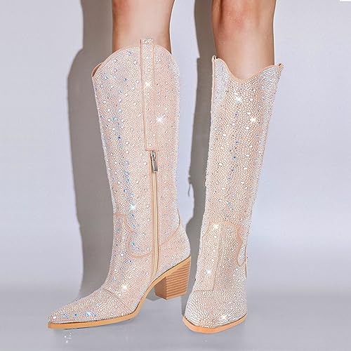 richealnini Sparkle Rhinestone Cowgirl Cowboy Boots for Women Pull On Diamante Heeled Bootes4