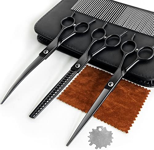 Professional Dog Grooming Scissors, Premium Dog Scissors for Grooming Stainless Steel, Straight & Thinning & Curved Scissors for dog grooming 7 inch(black)
