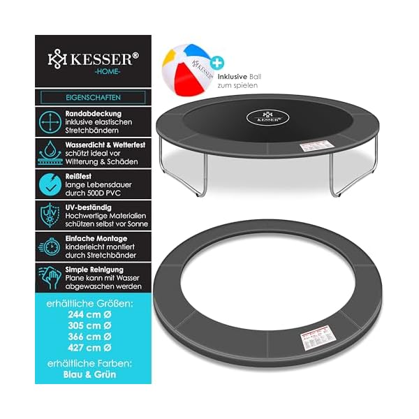 KESSER® - Couverture de Bord pour Trampoline Ø 244, 305, 366, 426 cm, Largeur 30cm 100% résistant aux UV indéchirable Couverture à Ressorts avec Ballon de Plage 51SnVSFUZ0L. SS600