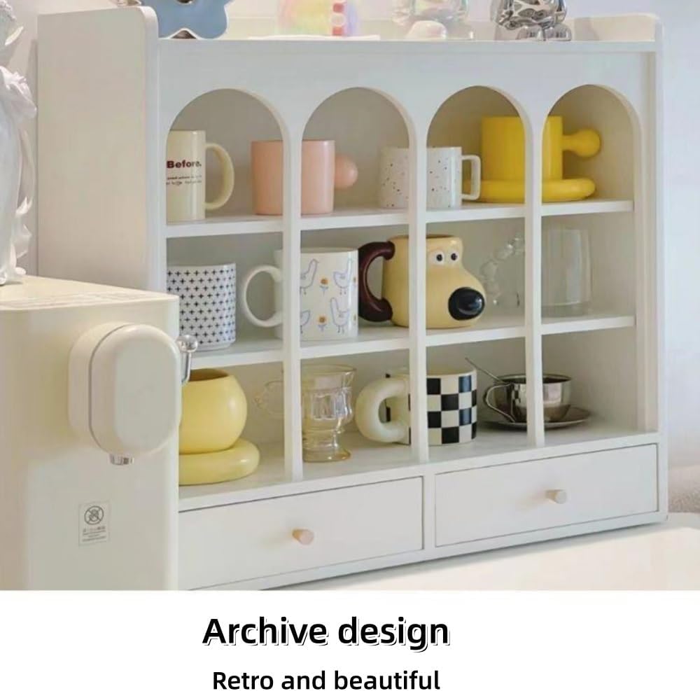 Wooden Arch Coffee Cup Holder with 2 Drawers, Modern Countertop Mug Holder, 3 Tier Grid Coffee Mug Display Shelf for Living Room or Kitchen(White)