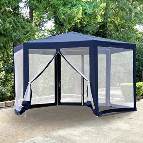 Walnut Reception Gazebo Type Hexagonal Gazebo With Net For Garden And Terrace Ø3.9 M Water Repellent Polyester Material (Blue) #TOP1