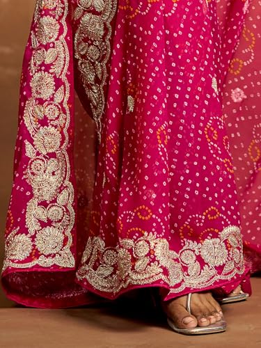 Image of Satrani Women'S Georgette Embroidery Bandhani Printed Saree With Unstitched Blouse Piece