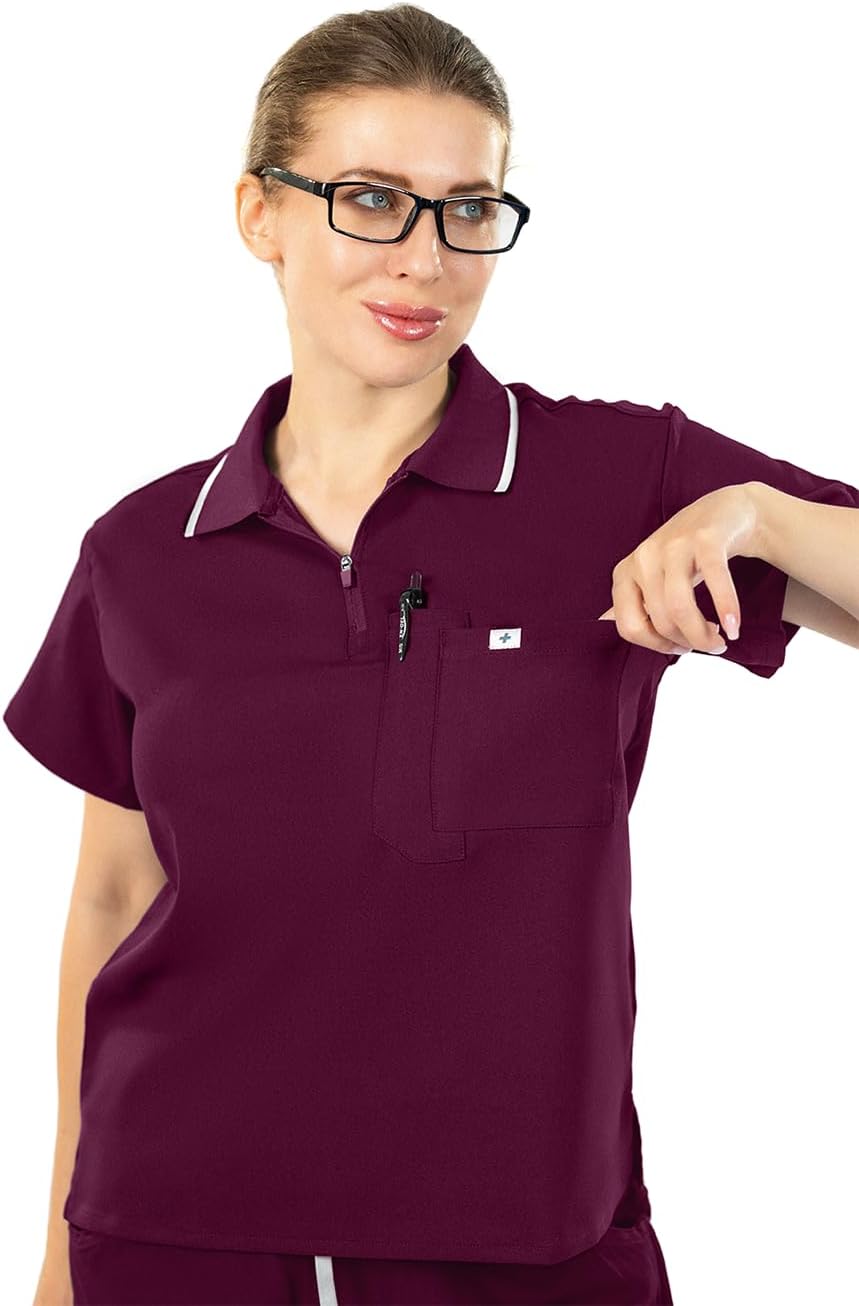 Meidiero Straight Fit Scrub Top for Women - Polo Stand Collar Half-Zip Placket, Straight Hem Side Slits - Image 2