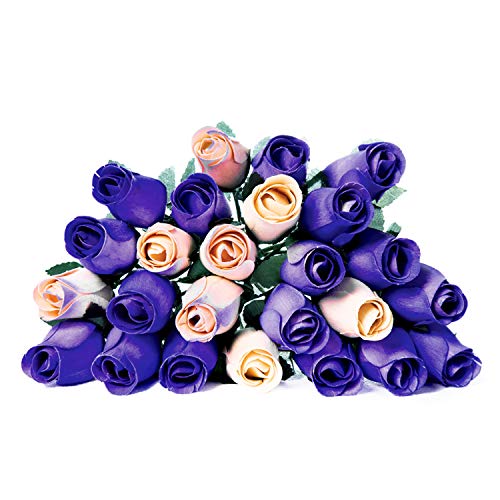 WGS 24 Realistic Wooden Roses Flowers, Purples and Cream