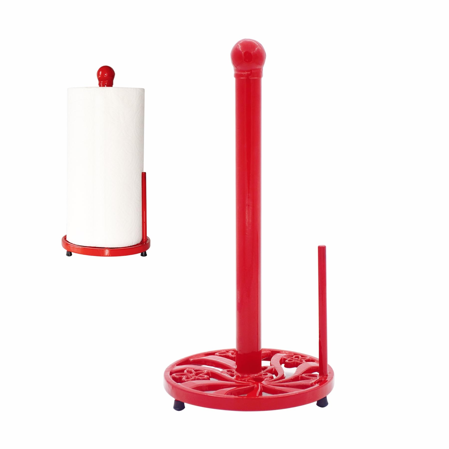 vintage paper towel holder countertop - cast iron standing roll paper towel dispenser with elegant and heavy daffodil pattern base for kitchen décor, red
