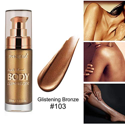 Liquid Highlighter Body Shimmer,Waterproof Body Bronzer Spray Face Body Makeup Shimmer Phoera Foundation for Women Glow Smooth Liquid Illuminator (103 Bronze) - Thumbnail 2