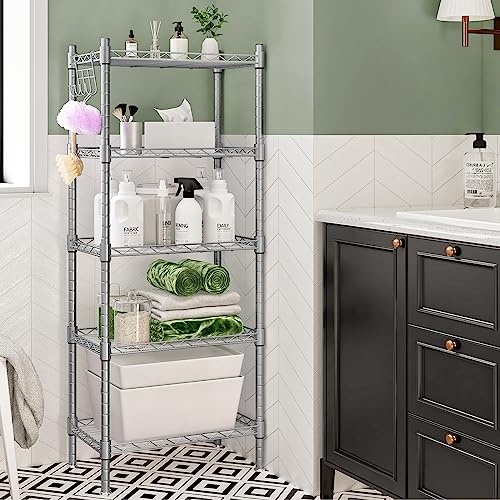 SORCEDAS Shelf 5 Wier Metal Storage Rack Shelving Unit Organizer for Kitchen Laundry Garage Bathroom Pantry Closet Office(16.54\" Wx11.81 Dx50 H,Silver)