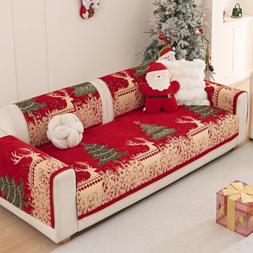 クリスマス用ソファカバー、厚手で柔らかいシェニールスリップカバー、滑り止め付きL字型コーナーソファプロテクター、1?5人掛け用、犬・猫対応 Style-A 90x180cm/36x71in