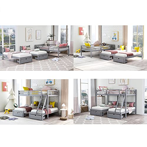 Moolo 3-1 Full Over Twin, Twin Bunk Bed, Wood Triple Bunk Bed With Drawers And Guardrails For Kids Teens Adults(Color:gray) #TOP4