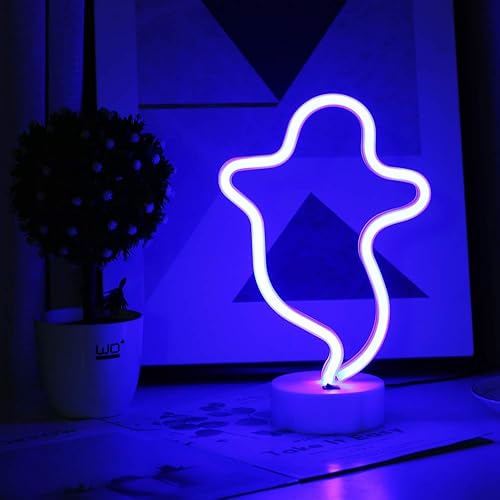 LUCUNSTAR Letreros de neón de fantasma de Halloween, luz nocturna LED de neón con soporte de base, decoración de mesa para habitación de niños,