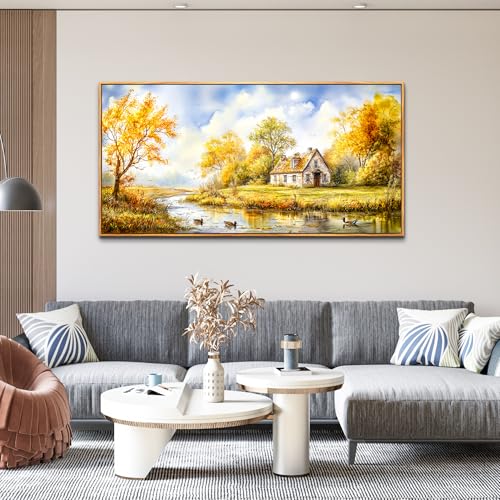 ERQINHUA Large Wall Decoration Canvas For Bedroom Wall Art For Living Room Office Decor Yellow Pastoral Creek Landscape Painting Wood Frame Pictures Art Print Farmhouse Home Wall Aesthetics 24"x48"
