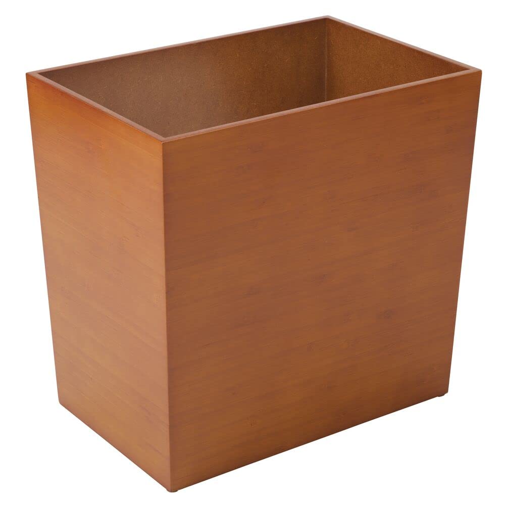 mDesign Rectangular Narrow Trash Can Wastebasket, Small Garbage Container Bin for Bathroom, Kitchen, Home Office, Craft Room, Bamboo Veneer, Brock Collection, 2 Pack - Cherry