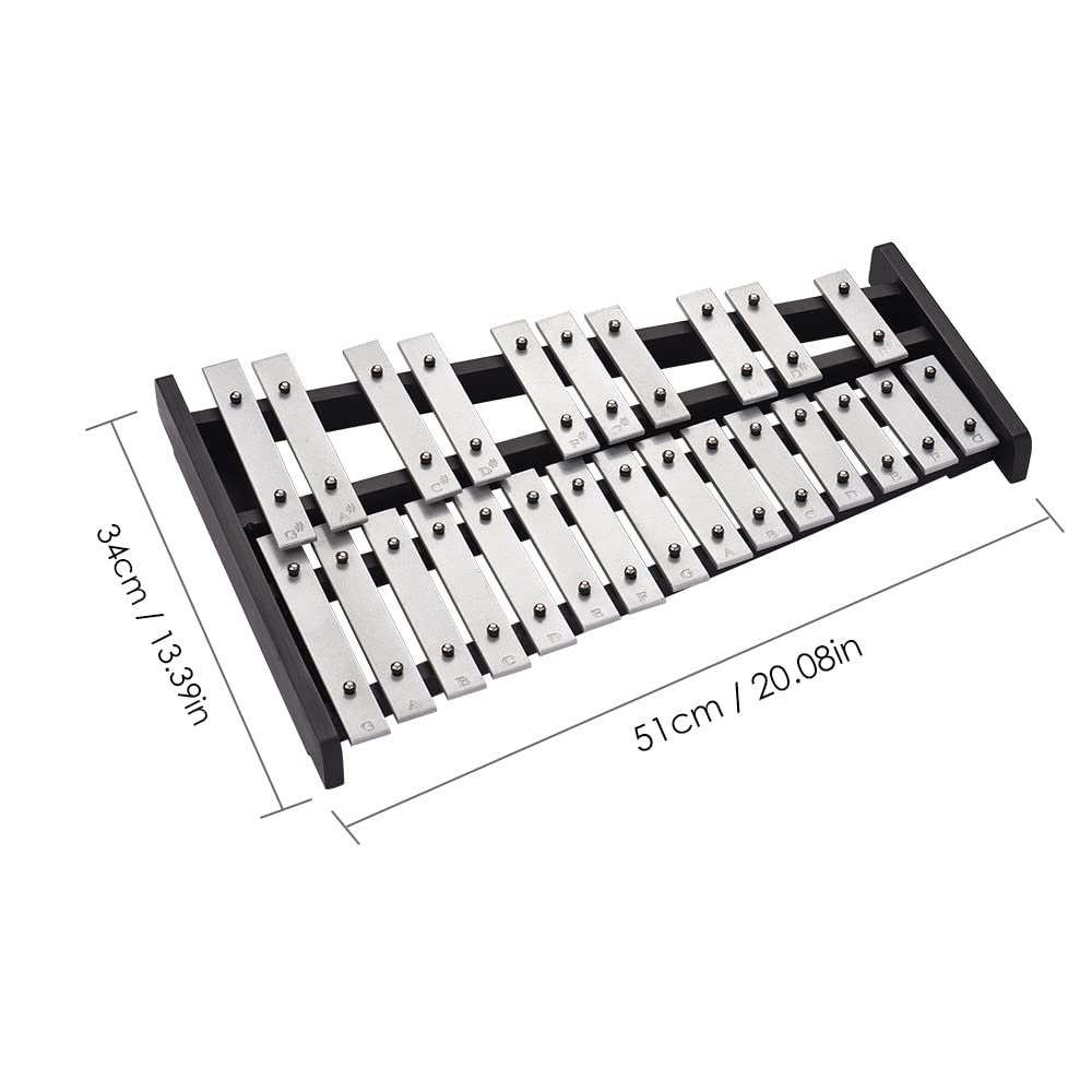25 Note Glockenspiel Xylophone Plaques en Aluminium avec des Noms de Notes Gravés de Base en Bois pour Enfants Adultes Débutants Music Lover Sac à Fermeture éclair pour le