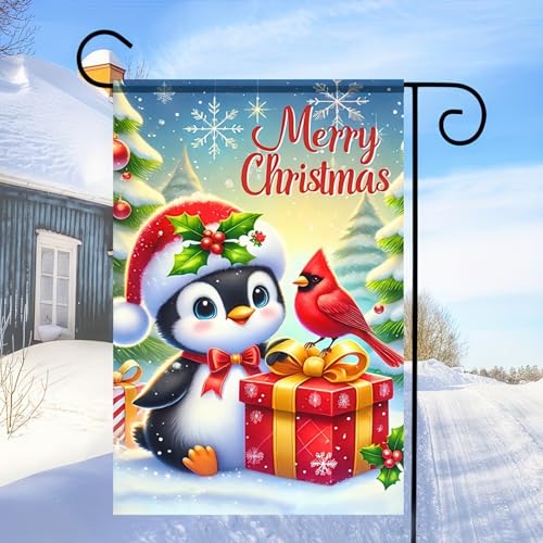 Image of BlissYard Christmas Garden Flag 12x18 Inch Penguins Yard Decor | Double sided polyester, penguins with scarves design, playful animal decor for Christmas porch and yard