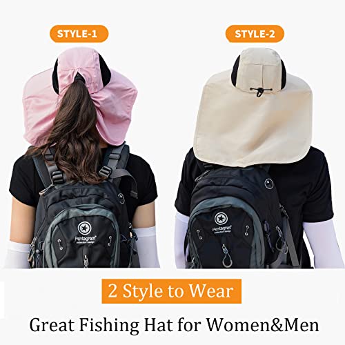 Image of ZOORON Women's Ponytail Safari Sun Hat, UPF 50+ Wide Brim Outdoor Bucket Hat with Chin Drawstring Strap,Fishing Hat