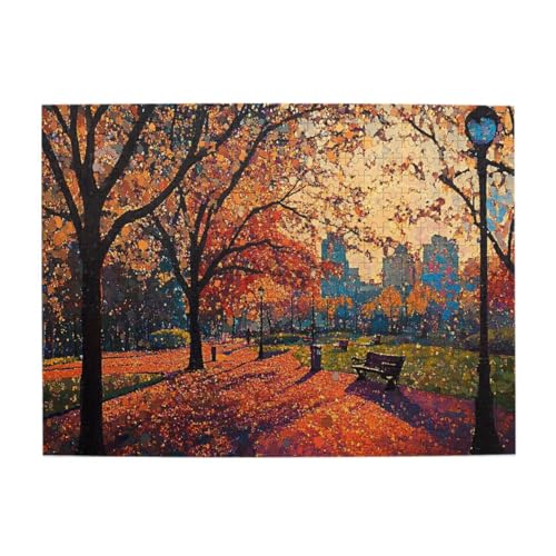Liorosa Puzzle per adulti, 500 pezzi, tramonto nel parco autunnale, alberi dai colori caldi che incorniciano il passaggio pedonale con lo skyline della città, i pezzi si adattano perfettamente, adatti
