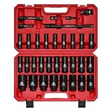 CASOMAN Juego de 33 conectores de 1/2 pulgadas con funda, 6 puntos, 10 mm – 36 mm, métrico, incluye barras de extensión, adaptador de enchufe, adaptador de taladro y junta universal