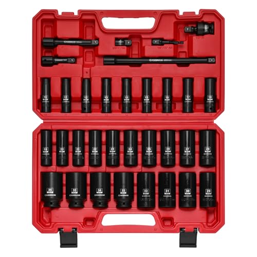 CASOMAN 33 PCS 1/2" Drive Deep Impact Socket Set with Case, 6-Point, 10mm - 36mm, Metric, Include Extension Bars, Drill Adapter and Universal Joint 33-Piece (10mm - 36mm)