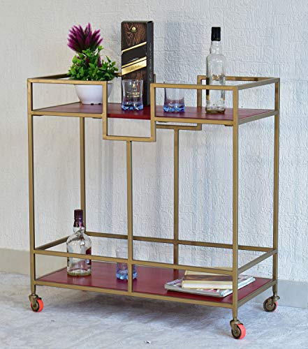 SamDecors Solid Wood Kelly Multipurpose Bar Trolley with Wheels with Two Shelves in Red Finish and Iron Frame in Golden Finish SamDecors Solid Wood Kelly Multipurpose Bar Trolley with Wheels with Two Shelves in Red Finish and Iron Frame in Golden Finish