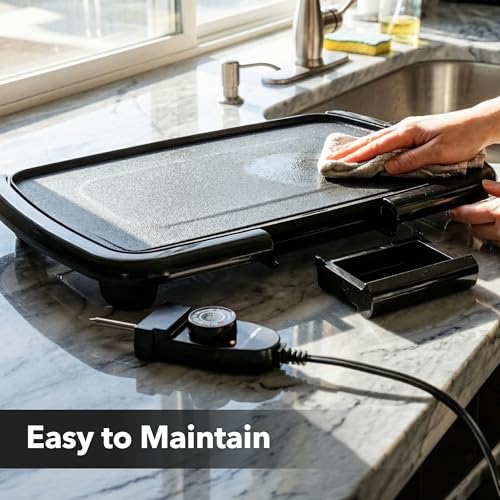 Image of OVENTE Electric Griddle with 16 x 10 Inch Non-Stick Plate, Black GD1610B | Removable and Adjustable Temperature Control, Indoor Grill perfect for Instant Breakfast, Pancakes, Eggs or Burgers