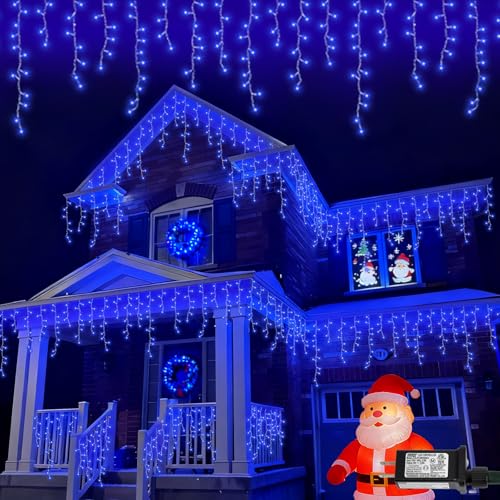 QITONG Blue Icicle Lights for Outside, 33ft 400 LED String Lights Plug in with 8 Modes, Clear Wire Connectable Icicle Christmas Light Indoor