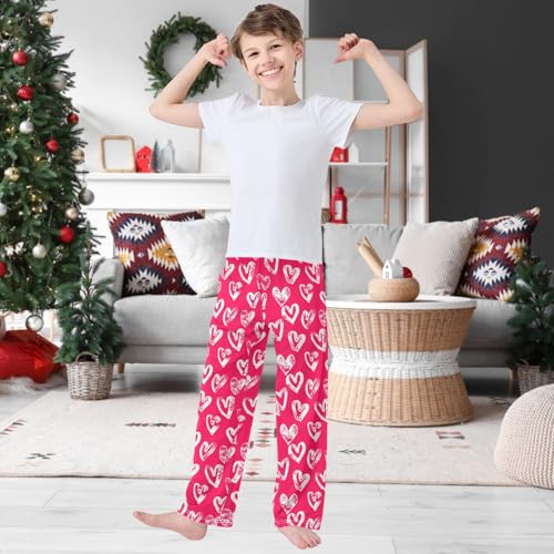 Boy's Lounge Pants Valentines Day White Heart Red Kids Jogger Pants Elastic Waist Long Bottoms with Pockets 6-14 Y2