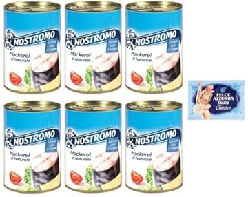 6x Nostromo Mackerel Sgombro al Naturale,Pesce in Scatola,Lattina 425g + 1 Confezione di Talco Felce Azzurra in omaggio, Busta da 100g