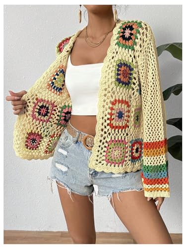 Image of SHENHE Women's Floral Crochet Cardigan Hollow Out Open Front Long Sleeve Cardigan Sweater