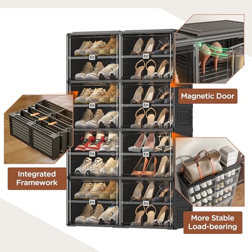 Image of Vipbox Black Shoe Rack Organizer Cabinet for Closet Entryway,Clear Shoe Storage Boxes Stackable Sneaker Storage with Door Easy Assembly Shoe Cabinet with Lids Large 8 Tiers 32 Pairs