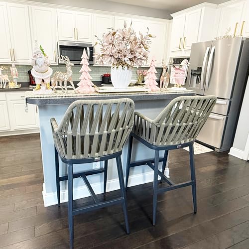 Image of PURPLE LEAF Bar Stool Set of 2 Bar Height Stools with Back Modern Bar Chairs Wicker Woven Tall Barstools Dark Grey Bar Stool Chairs