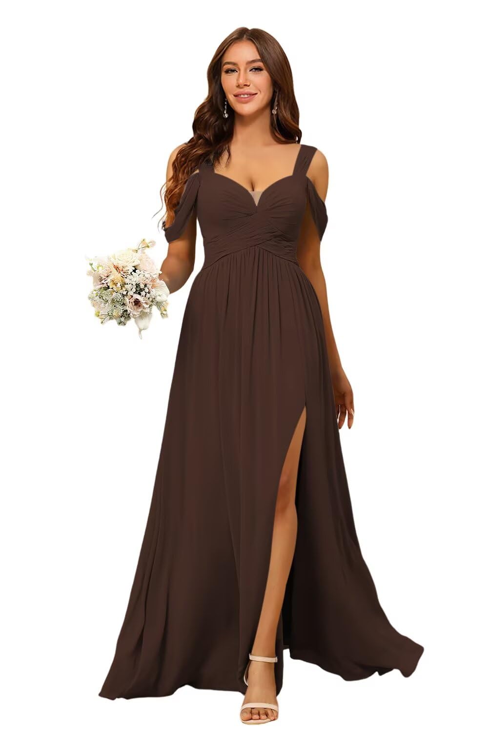 PUXIU Women's Cold Shoulder Bridesmaid Dresses 2025 with Silt Chiffon Pleated Formal Evening Dress PUS061