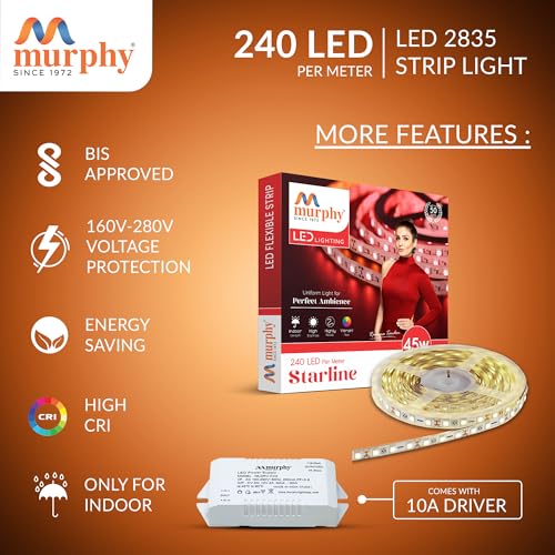 Image of Murphy 45W LED Strip Light 2835 High Lumen 5 Metre (240 LEDs /Mtr) Natural White - 12V DC 10A Driver Included | Cove /False Ceiling /Decor Light (Pack of 1, 1-Year Warranty)