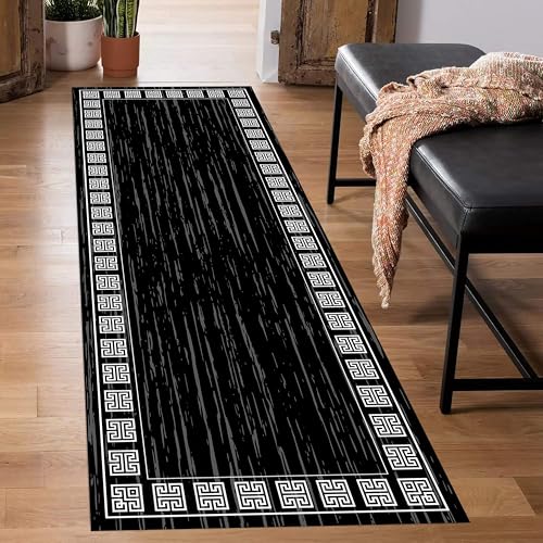 Greek Key Hallway Carpet, 4x12ft, Classic Ethnic Tribal Black Wood