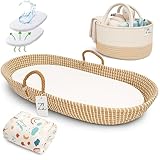 Seagrass Moses Basket by ZEAL'N LIFE, Moses Baskets for Newborn, Baby Changing Basket with Baby Towel, Washable Waterproof Pad Covers & Diaper Caddy, Changing Basket Baby (32 Inch)