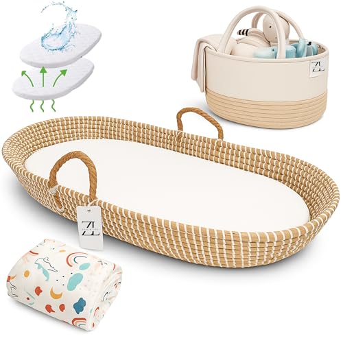 Image of Seagrass Moses Basket by ZEAL'N LIFE, Moses Baskets for Newborn, Baby Changing Basket with Baby Towel, Washable Waterproof Pad Covers & Diaper Caddy, Changing Basket Baby (32 Inch)