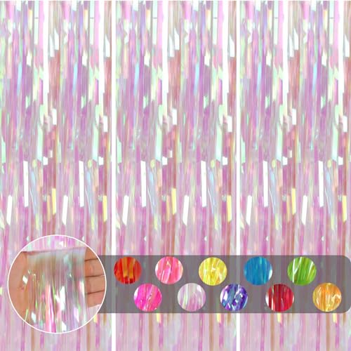 3 Cortinas Flecos de Aluminio Metálica Holografía Transparente,1mx2m Cortina Cumpleaños Metálica Láminas Reflejos Brillante Decoración Fondo Pared para Fiesta Cumpleaños,Bodas,Navidad Decorativa