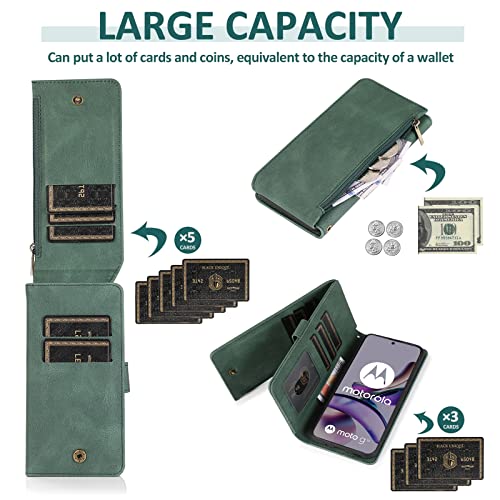 Compatible with Motorola Moto G13 4G / G23 4G Wallet Case Tempered Glass Screen Protector Zipper Retro Leather Flip Cover Card Holder Stand Cell Accessories for G 13 23 XT2331 XT2333 Women Men Green - Image 3
