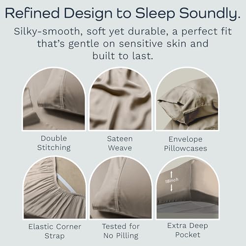 Image of Olive + Crate Tencel Lyocell Eucalyptus Queen Size Sheet Set - Cooling Tencel Sheets for Hot Sleepers with 18 Inch Deep Pocket Fit - Taupe Sand 4-Piece Set