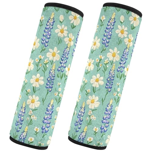 Image of Cute Green Bluebonnet and Daisies Seat Belt Cover Pad 2 Pcs Soft Cute Seatbelt Covers Protector Support Head Neck Shoulder Strap for Car Seats High Chair Backpack for Adults Kids Women Men 10x7