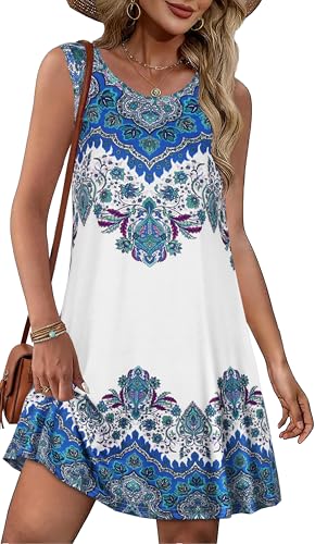 Image of Summer Dresses for Women Beach Boho Sleeveless Vintage Floral Flowy Pocket Tshirt Tank Sundresses 2026