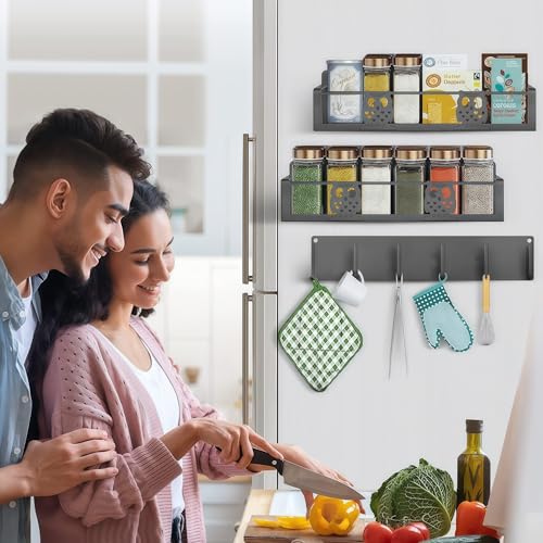 Image of Spice Rack Magnetic for Fridge,Magnetic Fridge Shelf,Spice Shelf,Condiment Organizer,Refrigerator Organizers and Storage with Magnetic Hooks,Owl Kitchen Decor(Gray)