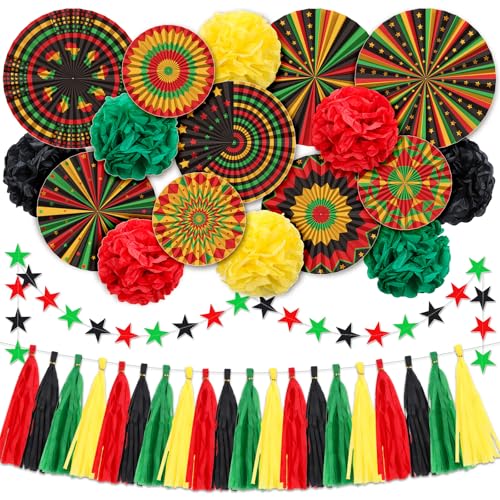 Whaline 38 Pcs Black History Month Party Decoration Set Juneteenth Hanging Paper Fan Honeycomb Pom Pom Flower Banner Tassel for African American Holiday Classroom