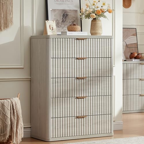 Image of LEYAOYAO Fluted 5 Drawers Dresser Set of 2, 41 inch Tall Modern Chest of Drawers with Metal Handle, Curved Profile Dresser TV Stand, Wooden Drawer Organizer for Bedroom, Living Room, Hallway, Lightgrey