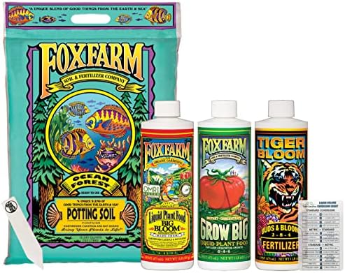 Fox Farm Starter Bundle | Big Bloom, Grow Big, Tiger Bloom (Pack of 3-16 oz. Bottles) | 12 Quart Ocean Forest Garden Potting Soil Bag | 1 The Hydroponic City Stake | 1 Twin Canaries Chart