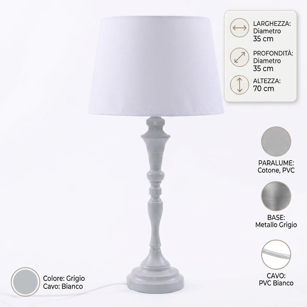 DiKasa Lampada da Tavolo Classica Alta in Metallo Grigio con Paralume in Cotone Bianco, Design Elegante e Slanciato con Attacco E14 per Soggiorno Camera Ufficio Ø35x70 cm