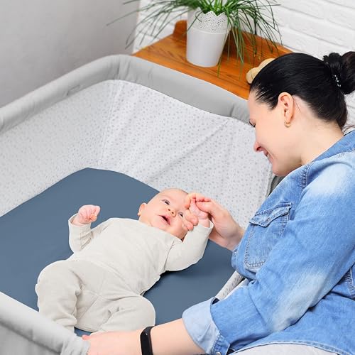 Image of Sweet Jojo Designs 2-Piece Baby Bassinet Sheets Set (Blue Gingham Checkered Plaid) for Boys, Infant Newborn Nursery, Oval, Rectangle & Hourglass Mattress (Solid Steel & Vintage, Classic, Checkerboard)