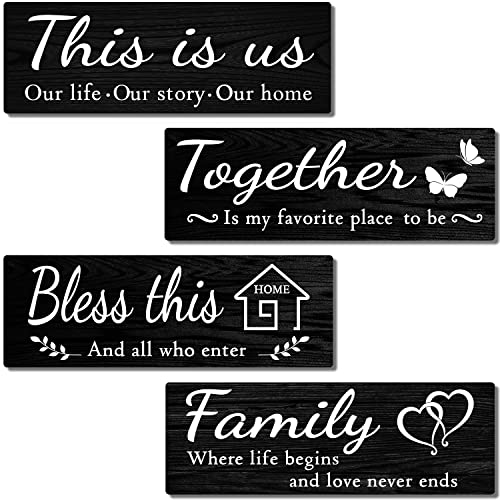 4 PCS Home Wall Decor Signs, IDATOO Rustic Wooden Living Room Hanging Decorations with Quotes THIS IS US/TOGETHER/BLESS THIS/FAMILY, Housewarming Gifts for Wedding Kitchen (Black-2, 15 x 5.1 inch)