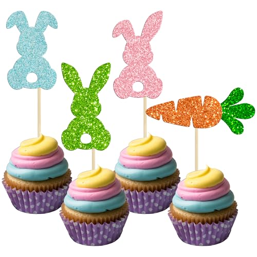 Gyufise Paquete de 24 adornos coloridos con purpurina para cupcakes, diseño de conejo de Pascua, zanahoria, conejo, decoración de pastel de Pascua, fiesta de cumpleaños, temática de primavera,