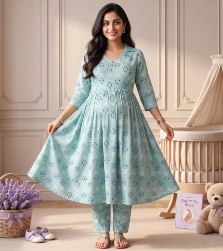 Image of DUMMY SHAPE Maternity Dresses for Women Cotton | Floral Kurta Pant Dupatta Set with Nursing Zippers, Side Pocket | Pre & Post Pregnancy | Feeding Kurti Suit | Baby Shower | Gifts for Pregnant Woman