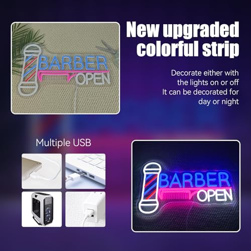 Image of Ineonlife Barber Open Neon Sign Accessories Light Up for Wall Decor Modern Led Sign for barbershop Small Acrylic Art Decor for hair salon make up shop Decorations 15.74x14.17 inch USB POWER